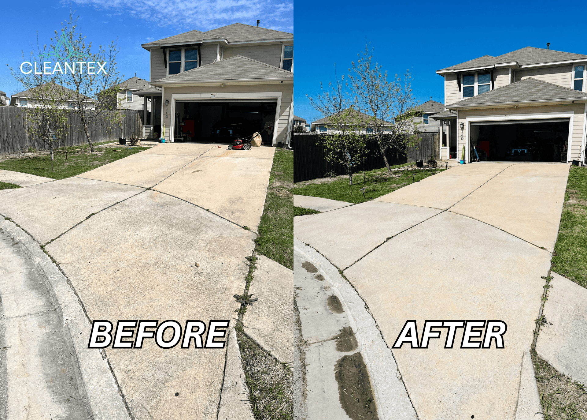 Before and after cleaning of driveway with mildew and mold removal. also oil spot treatment as well 